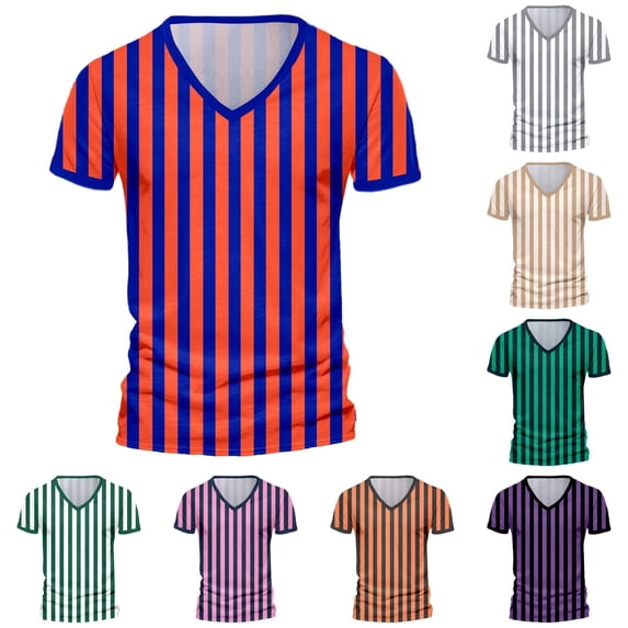 European Striped Men Casual Sports V Neck Short Sleeve Tennis T Shirt Comfortable Fitness Summer Trend Tee