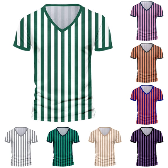 European Striped Men Casual Sports V Neck Short Sleeve Tennis T Shirt Comfortable Fitness Summer Trend Tee