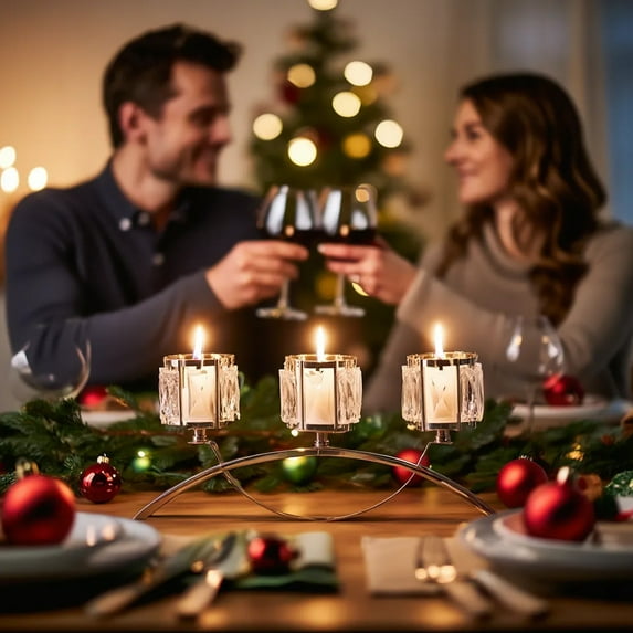 European Style 3-Head Candelabra - Electroplated Metal Candlestick with Crystal Decor Romantic Table Centerpiece