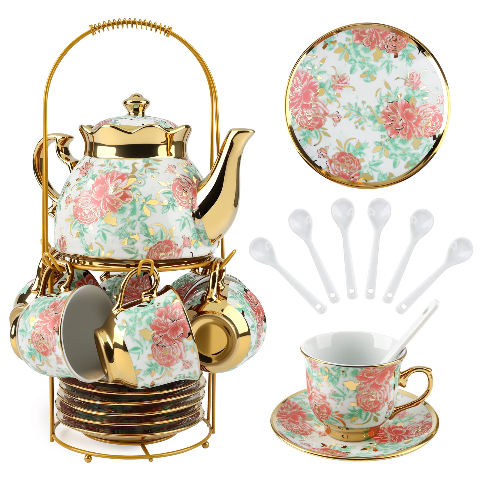 European Style 6-Person Porcelain Tea Set with Gold Rim & Floral Relief ...