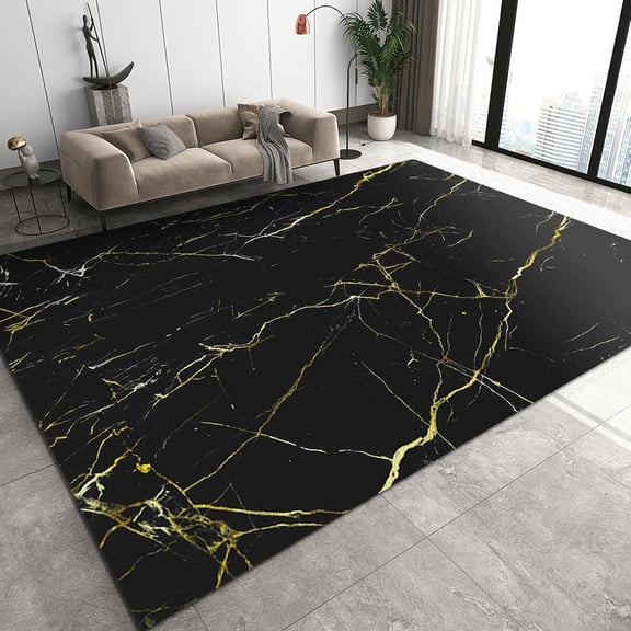 European Style Area Rugs, Black Marble Gold Stone Grain Texture Outdoor Carpet, Modern Non-slip Backing Easy to Clean Rug for Living Room Bedroom Office Home Decor Mats 5x7ft
