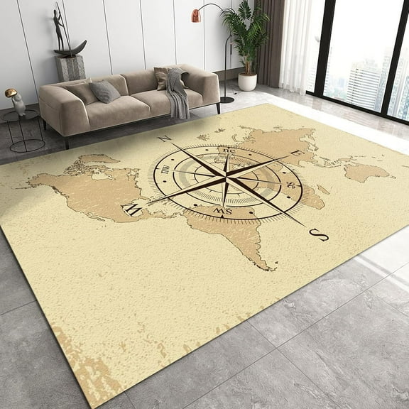 World Map Compass Area Rugs, Yellow Gray Nautical Dial Hands Living Room Rugs, Entrance Carpet Durable Enough with Non-Slip Backing Apply to Door Mats Porch Bathroom Rugs,4ft x 6ft