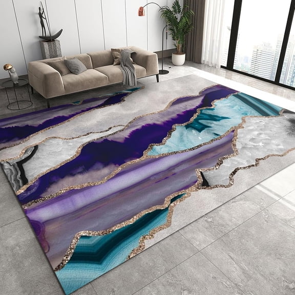 European Style Area Rugs, White Purple Abstract Marbles Hallway Carpet, Modern Indoor Rugs Washable Non-Slip Breathable Durable Rug for Bedroom Living Room Mats 2ft x 3ft