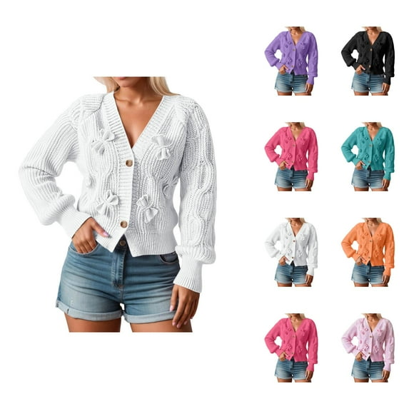 European Style Cardigan Sweater Long Sleeve Bow Knit Open Front Casual Outwear Soft Comfortable Lightweight Fashion Cardigan Sweaters for Women