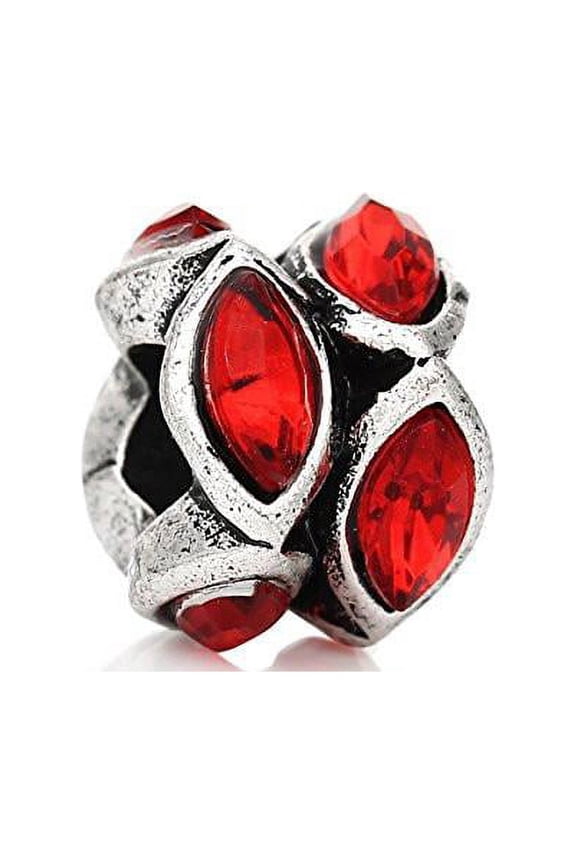 European Style Charm Beads Oval Antique Silver Red Rhinestone