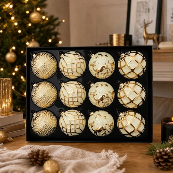 European Style Christmas Ball Ornaments, 8 cm Textured Baubles in Gift Box, Multicolor Xmas Hanging Decorations for Tree and Home - Cream