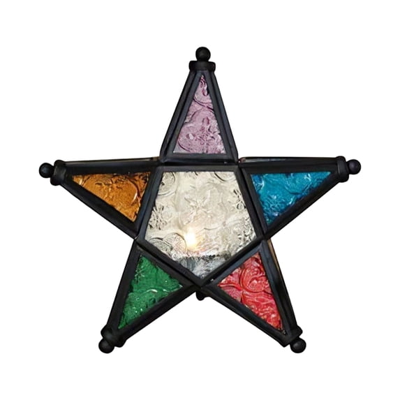 European Style Five Pointed Star Windproof Candle Holder Glass Iron Hollow Lantern for Home Garden Decoration