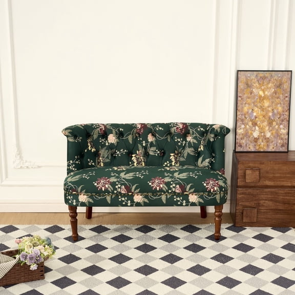 European Style Floral Upholstered 2-Person Loveseat Sofa, Fabric Double Couch for Living Room Bedroom, Dark Green