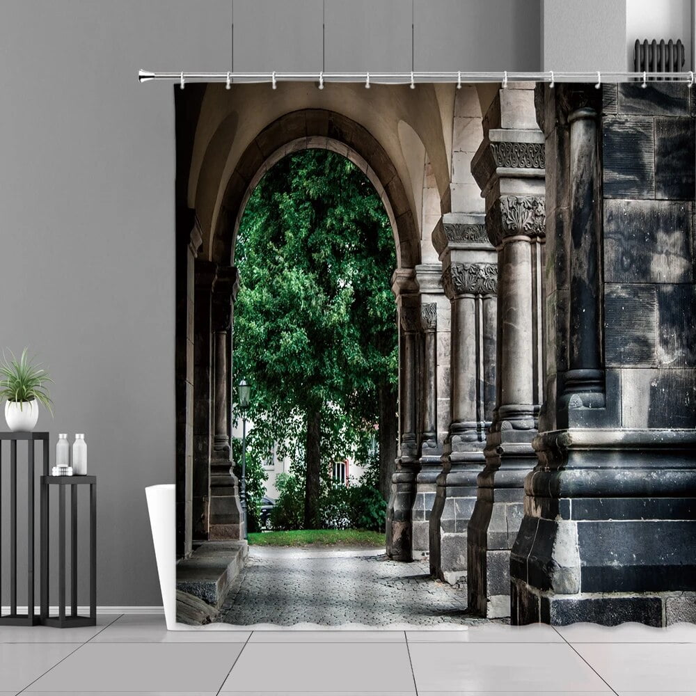 European Style Garden Stone Walls Old Door Bathroom Curtain Shower ...