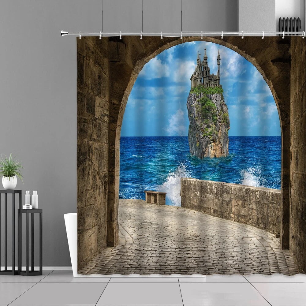 European Style Garden Stone Walls Old Door Bathroom Curtain Shower ...