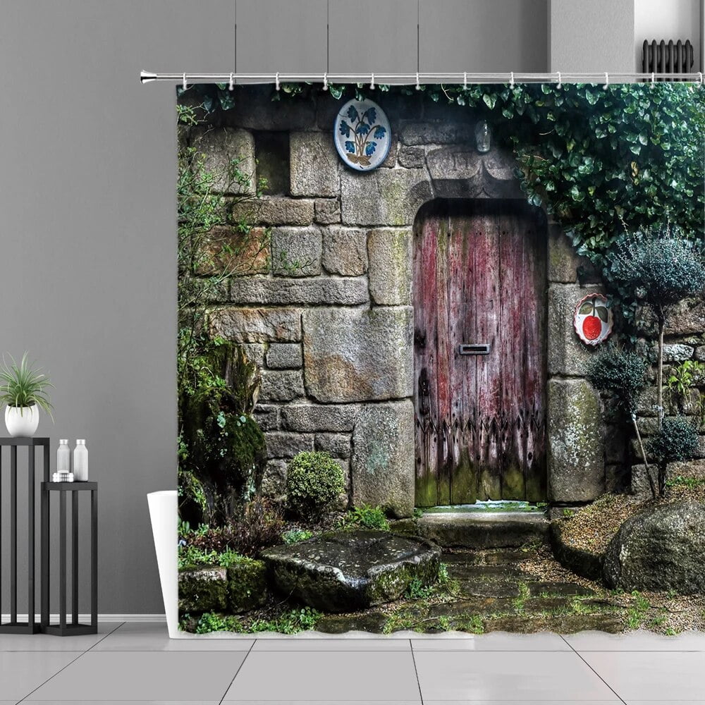 European Style Garden Stone Walls Old Door Bathroom Curtain Shower ...