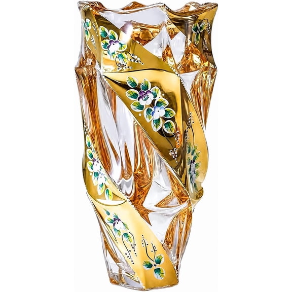 European Style Glass Vase with Spiral Texture and Gold Enamel Floral Design, Decorative Flower Vase for Fresh Flowers, Centerpiece Vase for Dining Table, Living Room, Entryway and Home Decor