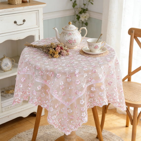 European Style Lace Tablecloth 33 Inch Round, Embroidered Floral Dust Cover for Dining Table Coffee Table, Modern Gauze TV Stand Cover, Bedside Nightstand Decorative Mat
