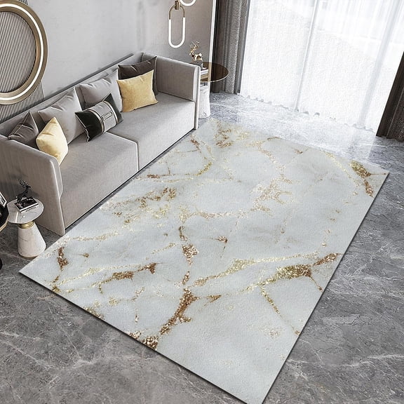 European Style Light Luxury Area Carpet, Nordic White Gold Gilt Marble Texture Indoor Rug, Washable Low Pile Easy Clean Mat For Kitchen Living Room Bedroom Entryway Hallway 3x5ft