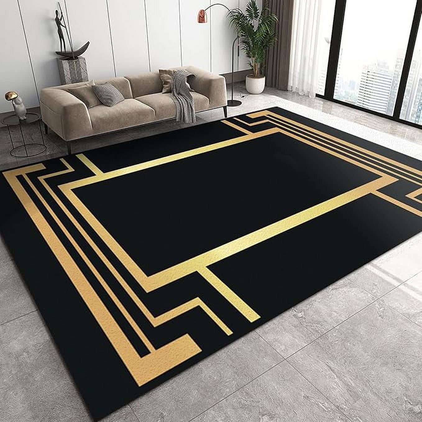 European Style Luxury Art Washable Rug, Abstract Black Gold Geometry Area Rugs, Anti-Slip Easy Clean Foldable Carpet For Family Living Room Bedroom Entryway Hallway Dining 3 x 5ft