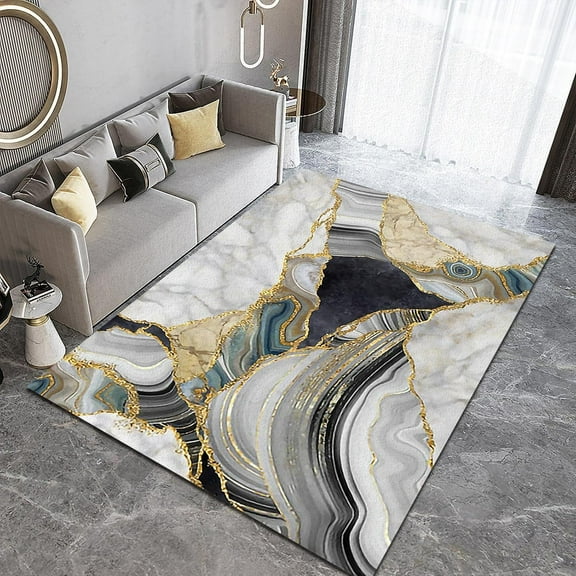 European Style Luxury White Marble Rug, Modern Abstract Black Gold Ripple Machine Washable Area Rug, Non Slip Low Pile Non-Shedding Mats For Living Room Bedroom Entryway Hallway 5x7ft