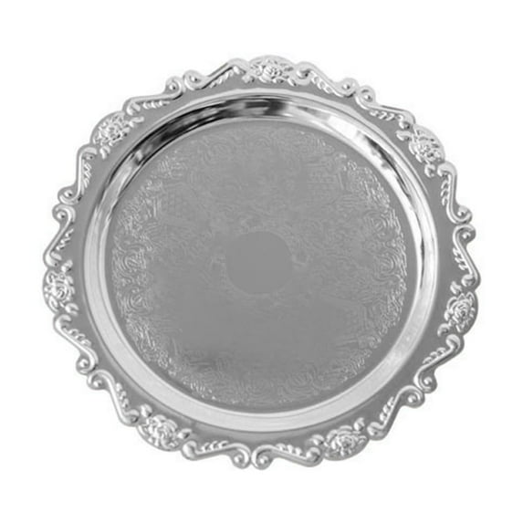European Style Metal Plates, Exquisite Vintage Round Small Plates, Vintage Carved Jewelry Trinkets Tray, Dessert Photo Props , Cosmetics Fruit Plate for Wedding Festive Home Party(Silver)