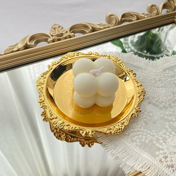 European Style Metal Plates, Wenini Exquisite Small Plates Jewelry Tray Photo Props Dessert Plates, Decorative Storage Tray for Home Decor Table Shelf with Vintage Silver Finish, Gold