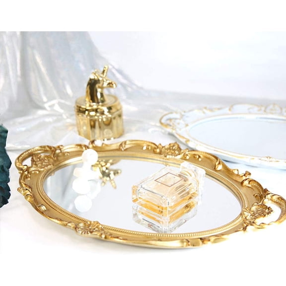European Style Mirror Tray 15.4X9.6 Inch Gold Cosmetic Storage Organizer Perfume Display Plate for Vanity Table Home and Party Decor