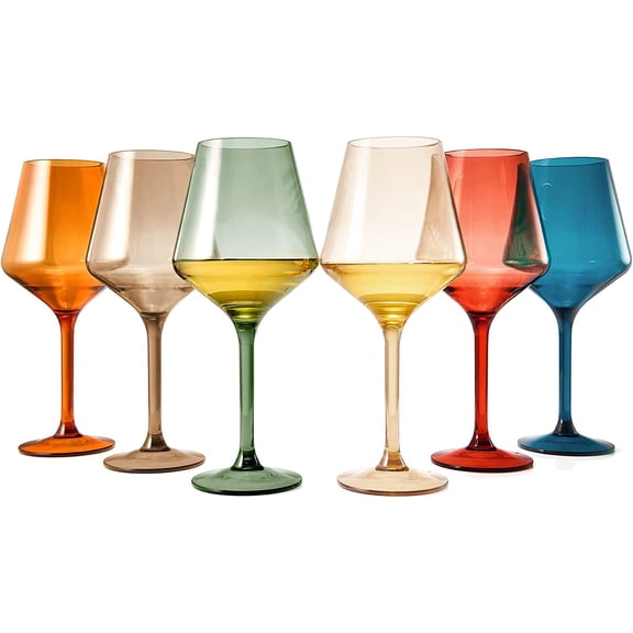 European Style Plastic Crystal, Stemmed Wine Glasses | Set of 6 | Acrylic Tritan Drinkware, Unbreakable Muted Color Shatterproof BPA-free, Reusable, Floating Pool & Indoor & Outdoor, Hand Wash 15oz