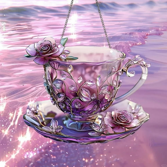 European-Style Purple Iris Afternoon Tea Coffee Cup Acrylic Hanging Ornament - Hangs - Household Pendant