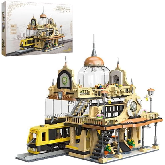 European Style Railway Station Architecture Building Set,Steampunk Railway Station with LED Light Building-Bricks Set 1945 Pieces for Adults and Teens