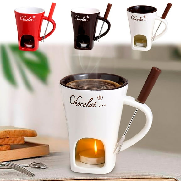 European Style Red Ceramic Chocolate Fondue Pot - Cheese & Ice Cream Melting Stove, Candle-Heated with forks, Household Festive Dessert Maker for Holiday Gatherings, 4.33*3.27in, Red