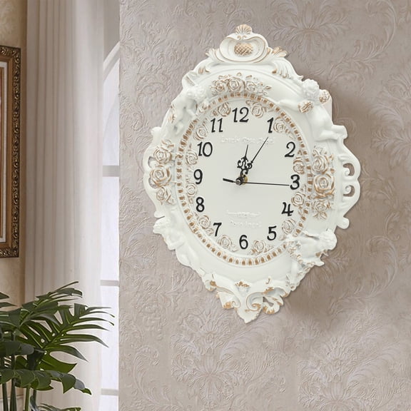 European Style Resin Wall Clock, Retro Silent 3D Rose & Angel Relief Clock Rustic Ellipse Decorative Mural for Living Room, Bedroom, Office (Off-White, 12.8" x 2.8" x 16.3")
