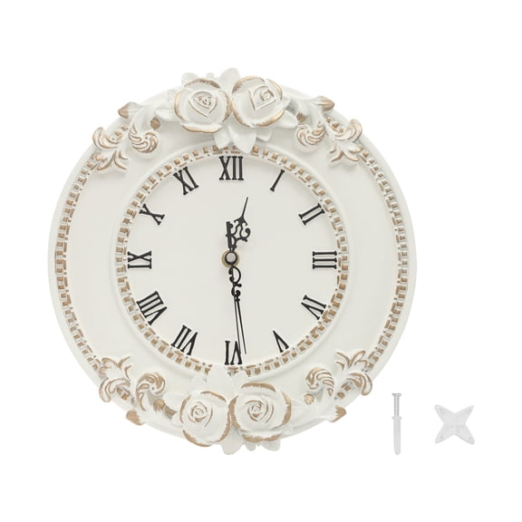 European Style Resin Wall Clock Retro Silent Clock with Rose Relief Decorative Mural Clock for Living Room, Bedroom, Office, Farmhouse, Kitchen & Home Decor (White, 12.2 * 1.7 * 11.4in)