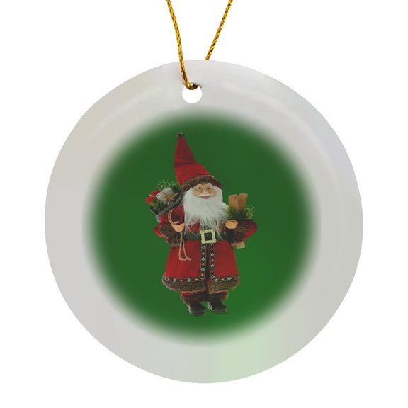 3drose, European Style Santa Claus Carrying Gifts and Skis, Circle Porcelain Ornament