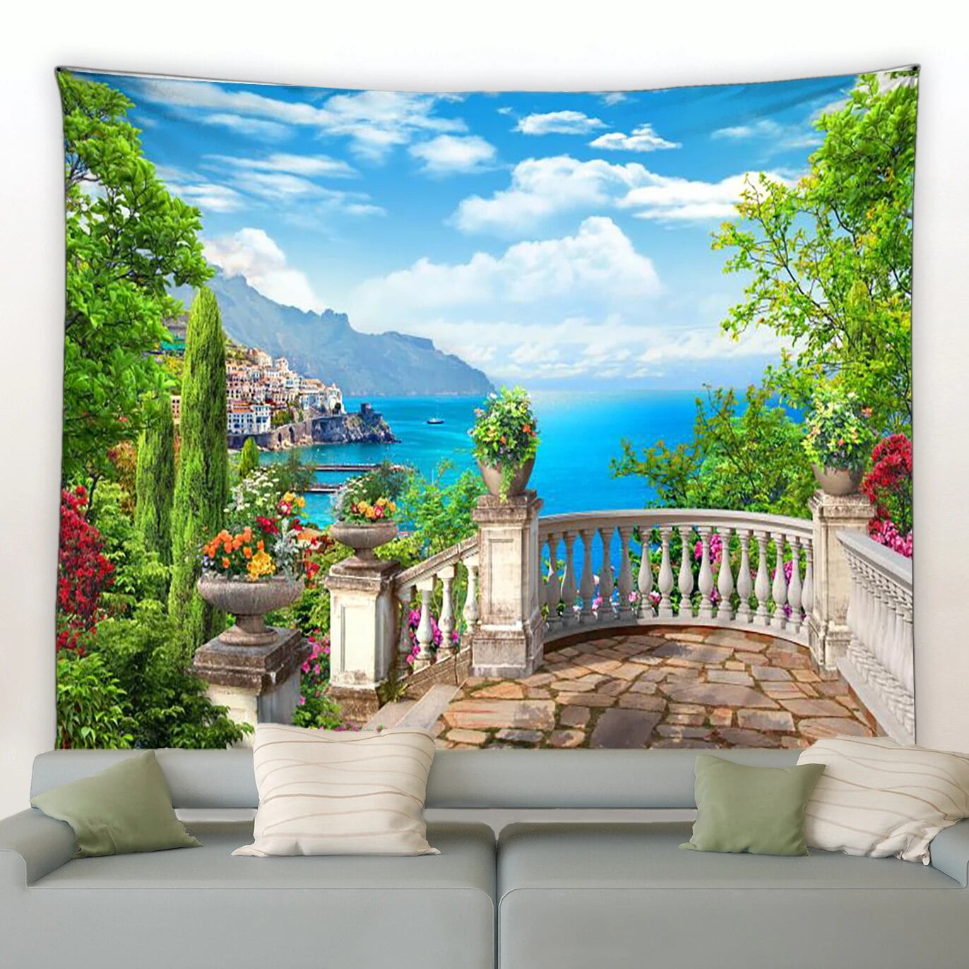 European Style Seaside Town Flower Tapestry Retro Italian Architecture ...