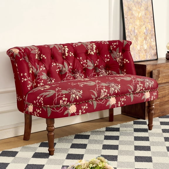 European Style Sofa Chair, Floral Upholstered Small Sofa for Living Room Bedroom Balcony, Decorative Settee, Wine Red