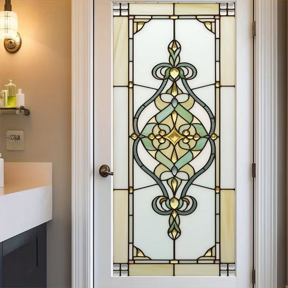 European Style Stained Glass Window Film, Decorative Privacy Window Film, Static Cling Removable Glass Cover Sun Blocking Anti UV for Home Bathroom Living Room 17.7x 39.4 Inches