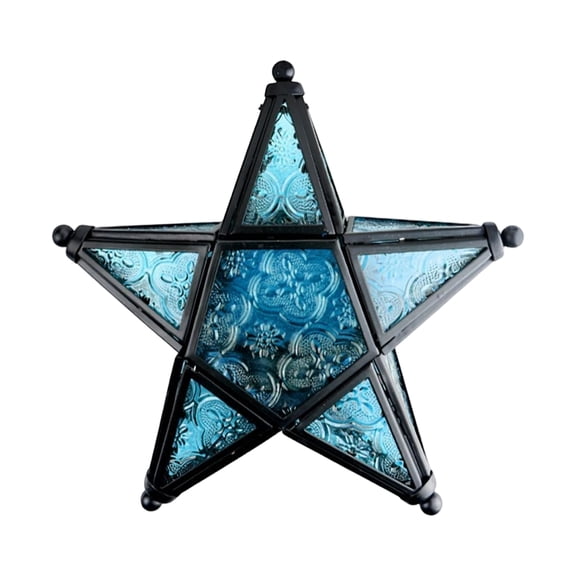 European Style Star Shaped Hurricane Candle Holder Metal Frame Glass Panel Hanging Tea Light Lantern for Indoor Use