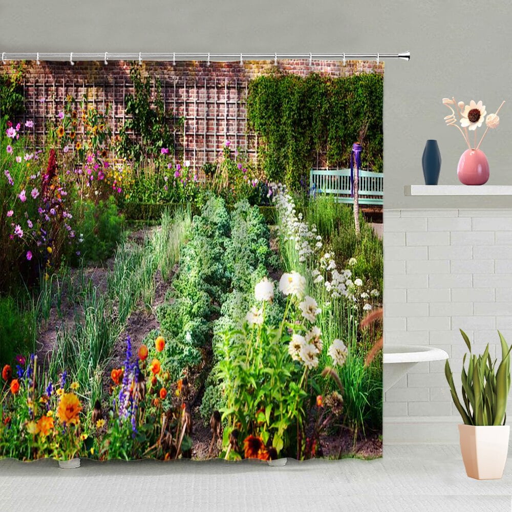 European Style Town Scenery Shower Curtain Garden Green Plant Flowers