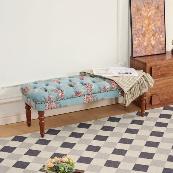European Style Tufted Floral Bench with Turned Wood Legs, Upholstered Ottoman for Bedroom, Living Room, Tiffany Blue