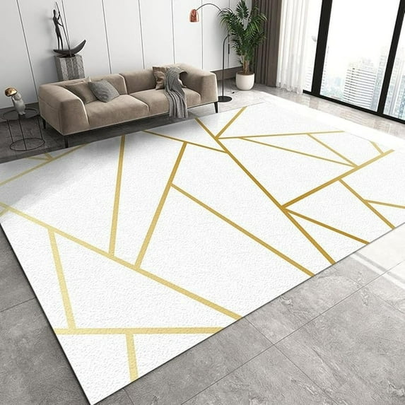 European Style White Gold Marble Texture Area Rug, Modern Light Luxury Indoor Non-Slip Kids Rugs, Machine Washable Breathable Durable Carpet For Front Entrance Floor Decor 5x8ft