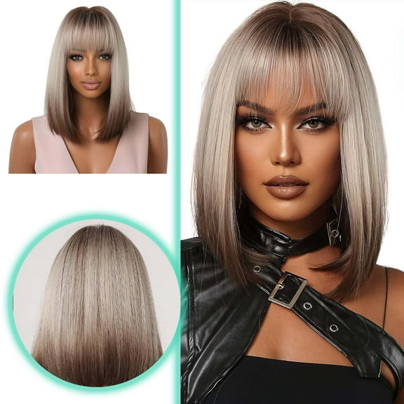 European Style Women Synthetic Wig Straight Short Hair Gradual Gray Headband With Fiber