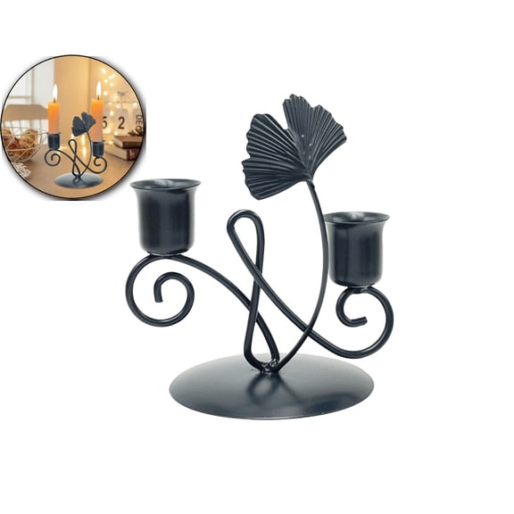 European-Style Wrought Iron Candlestick Holder – Black Ginkgo Leaf Design, 5.12x4.72in