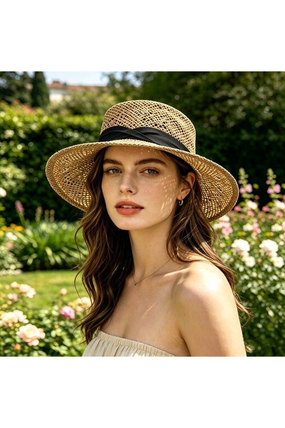 European Sun Hat With Flat Brim Breathable Hollow Design For Travel Outdoor Daily Casual Leisure Versatile Season, Black