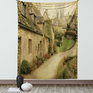 European Tapestry, British Town with Stone Houses Retro England Countryside Buildings Image Print, Wall Hanging for Bedroom Living Room Dorm Decor, 40W X 60L Inches, Grey Green, by Ambesonne