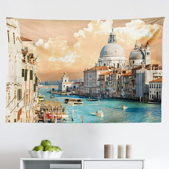 European Tapestry, River of Budapest at The Evening Tranquil Bridge Hungarian Culture Heritage, Fabric Wall Hanging Decor for Bedroom Living Room Dorm, 2 Sizes, Multicolor, by Ambesonne