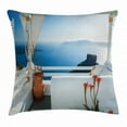 thumbnail image 1 of European Throw Pillow Cushion Cover, Holiday Terrace with Sea at Sunset Architecture on Santorini Island Greece, Decorative Square Accent Pillow Case, 18 X 18 Inches, Turquoise and Blue, by Ambesonne, 1 of 2