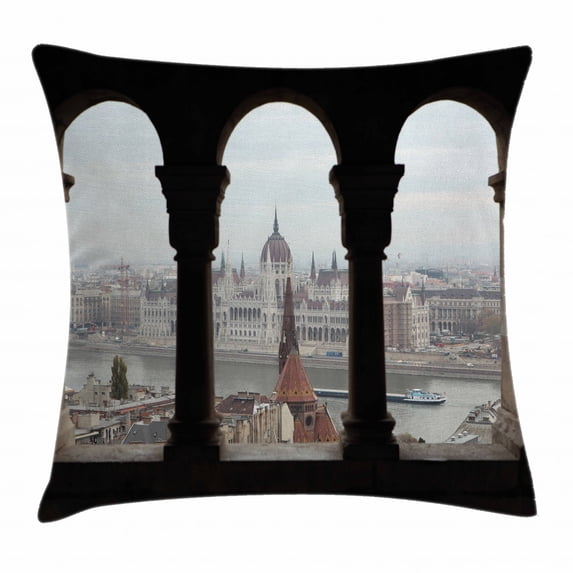 European Throw Pillow Cushion Cover, Hungarian Parliament on the Embankment of the Danube from Ancient Balcony Image, Decorative Square Accent Pillow Case, 18 X 18 Inches, Multicolor, by Ambesonne