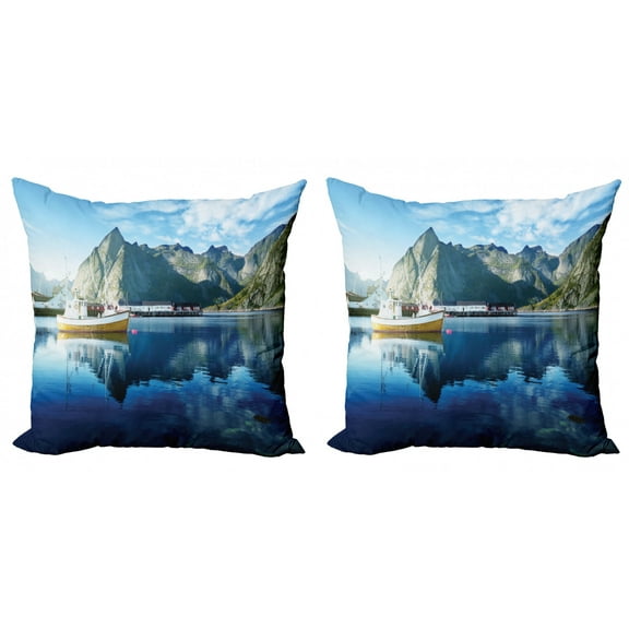 Ambesonne Scenery Throw Pillow Cover 2 Pack, Sunset Lake by Harbor, 16", Blue