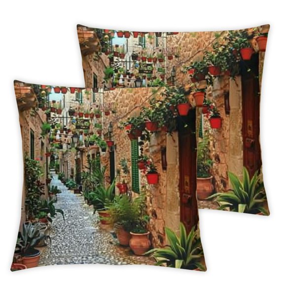 European Throw Pillow Cushion Cover, Spanish Alley with Rock Houses and Plants Latin Tourism Scene Mediterranean Print, Decorative Square Accent Pillow Case,Cream Green