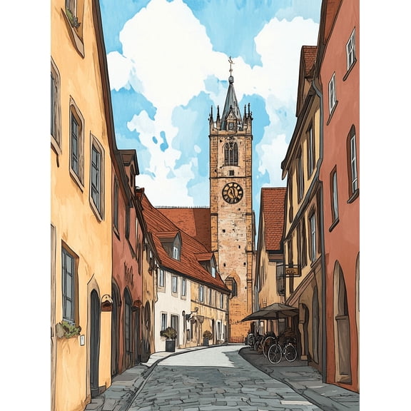 European Town Clock Tower Canvas Print/Wall Art Perfect for Living Room Bedroom Kitchen Office and Hallway Decoration.