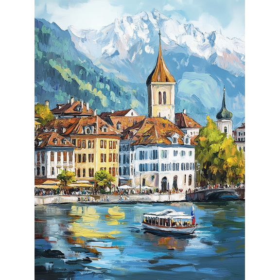 European Town River Landscape Canvas Wall Art Suitable for Living Room Bedroom Office Hotel and Restaurant Decoration.