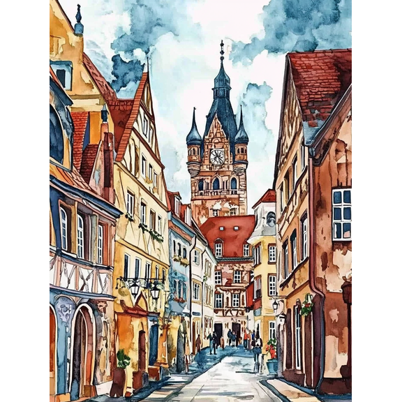 European Town Street Clock Tower Canvas Print/Wall Art Suitable for Living Room Bedroom Dining Room Office and Hotel Decoration.