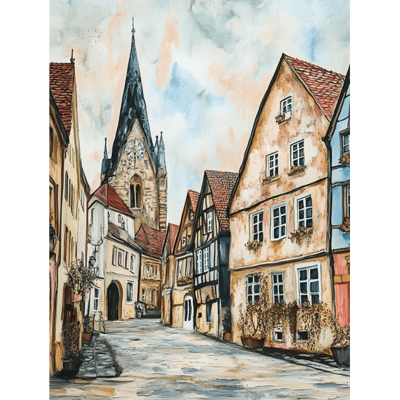 European Town Street Scene Canvas Painting/Wall Art Suitable for Living Room Bedroom Dining Room Office Hotel Decoration and More